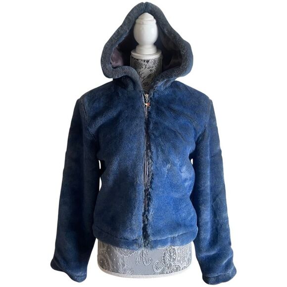 Vintage 1999 Tommy Jeans Faux Fur Full Zip Hooded Jacket Coat Blue Size Medium - Picture 1 of 10